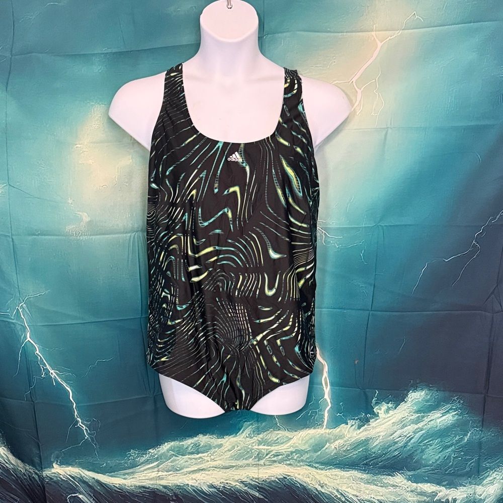 adidas Black One-Piece Swimsuit with Lime & Teal Swirl Print
